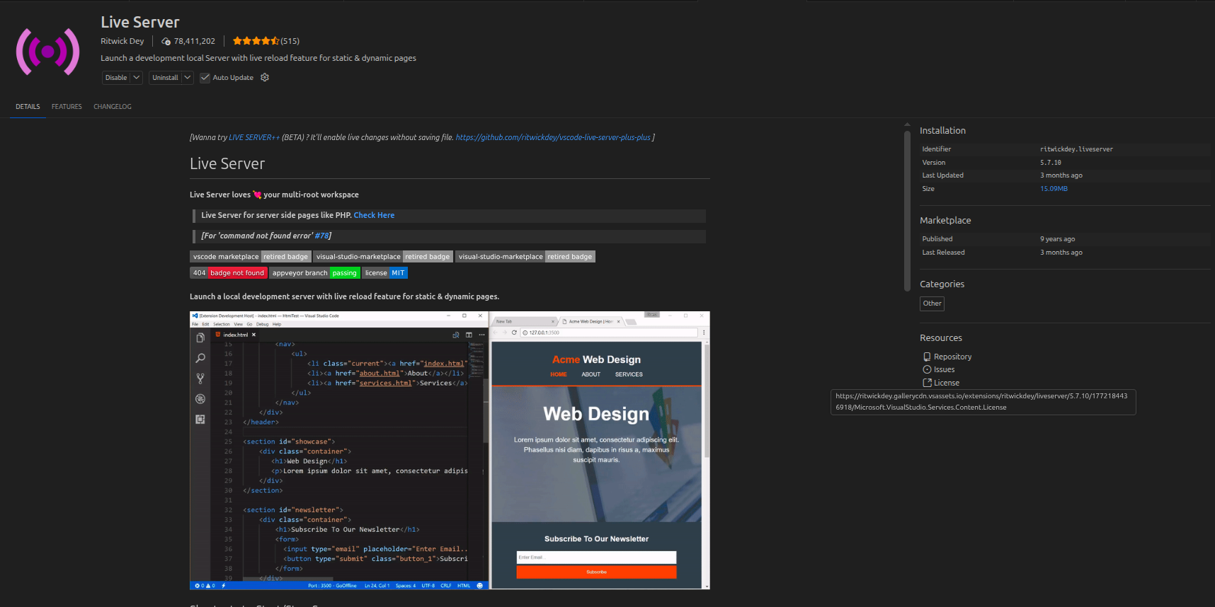 Página de instalação do Live Server no VS Code